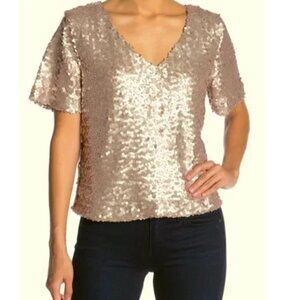 Socialite Gold Sequin V-Neck Short Sleeve Top, Size Large